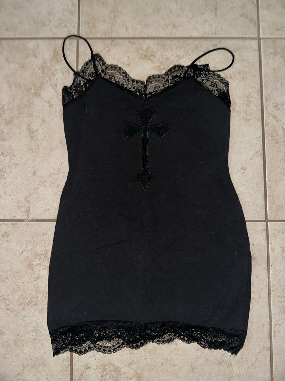 SHEIN Gothic Black Lace Trim Cross Cami Mini Dress Size Large